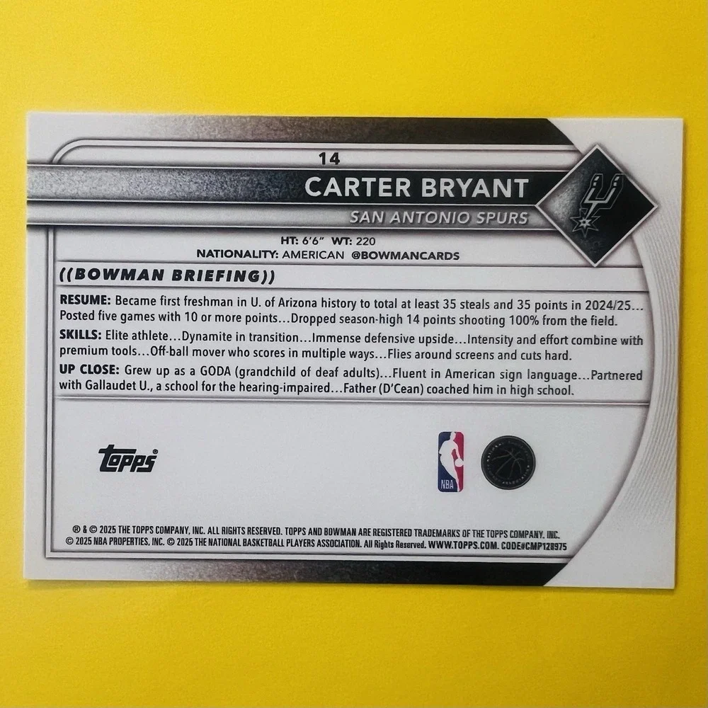 2025-26 Bowman Basketball Carter Bryant‎ RC #14 San Antonio Spurs Rookie Card